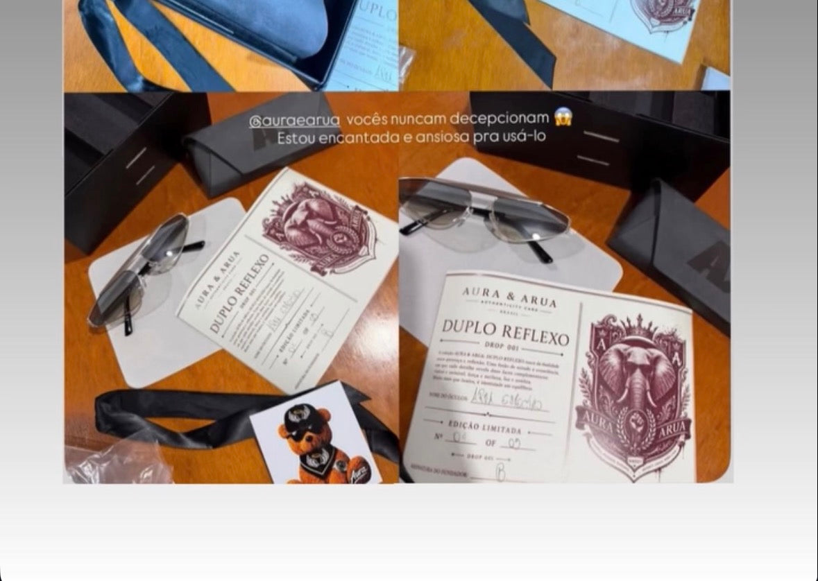 Registro compartilhado no Instagram mostrando óculos, estojo e certificado Aura & Arua com relato de encantamento ao receber a obra.