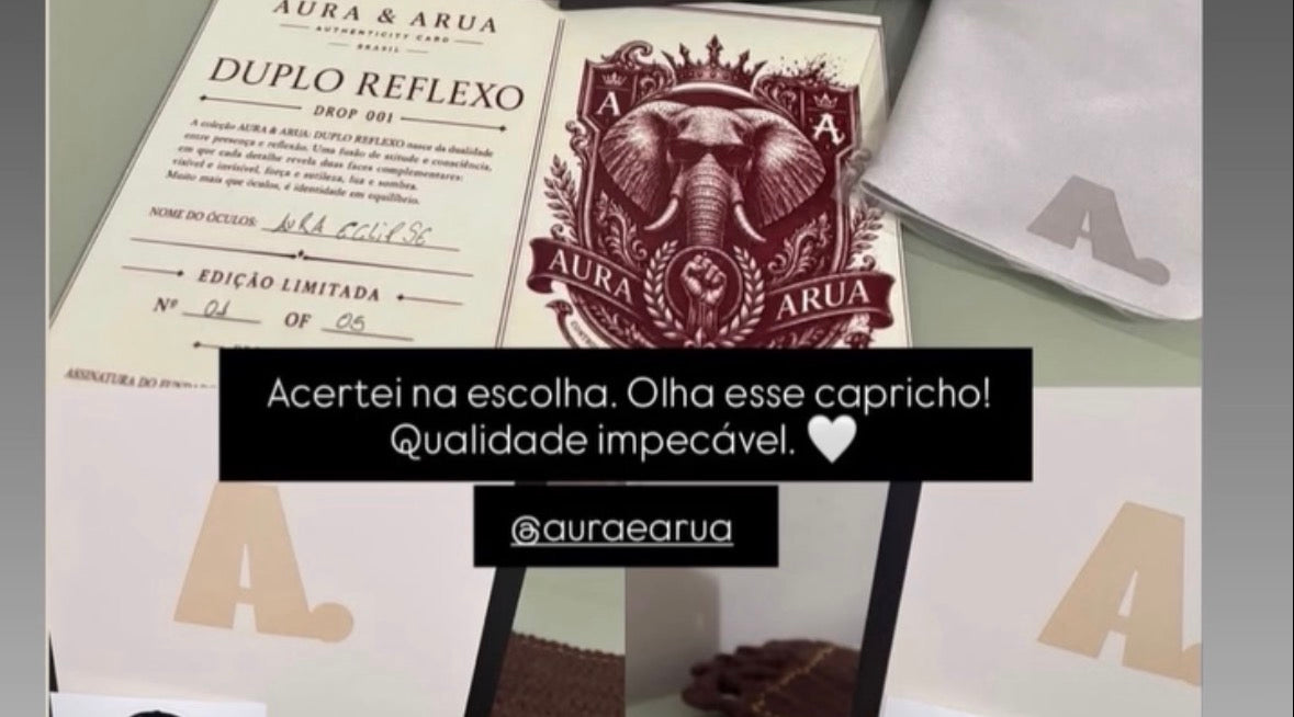 Registro compartilhado no Instagram: embalagem e certificado Aura & Arua com o relato Acert​ei na escolha. Olha esse capricho! Qualidade impecável.